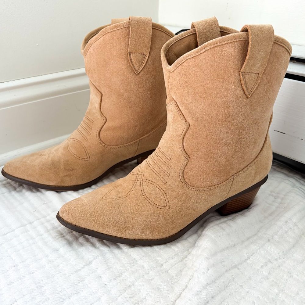 French Connection Carrie Western Cowboy Booties Vegan Suede Tan US 11